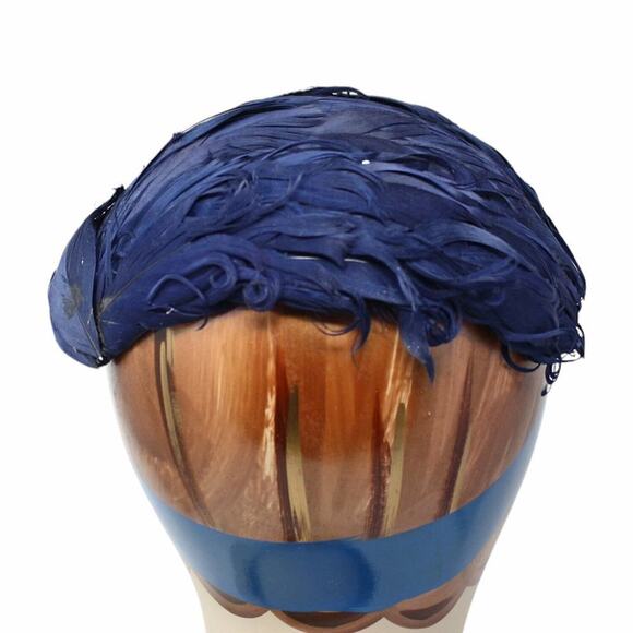 Vintage Blue Feather Cocktail Hat Rhinestone Accent Close Fitting Style -Hey Viv - Picture 3 of 7